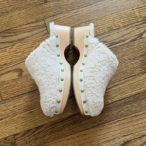 J crew shearling heeled clogs
